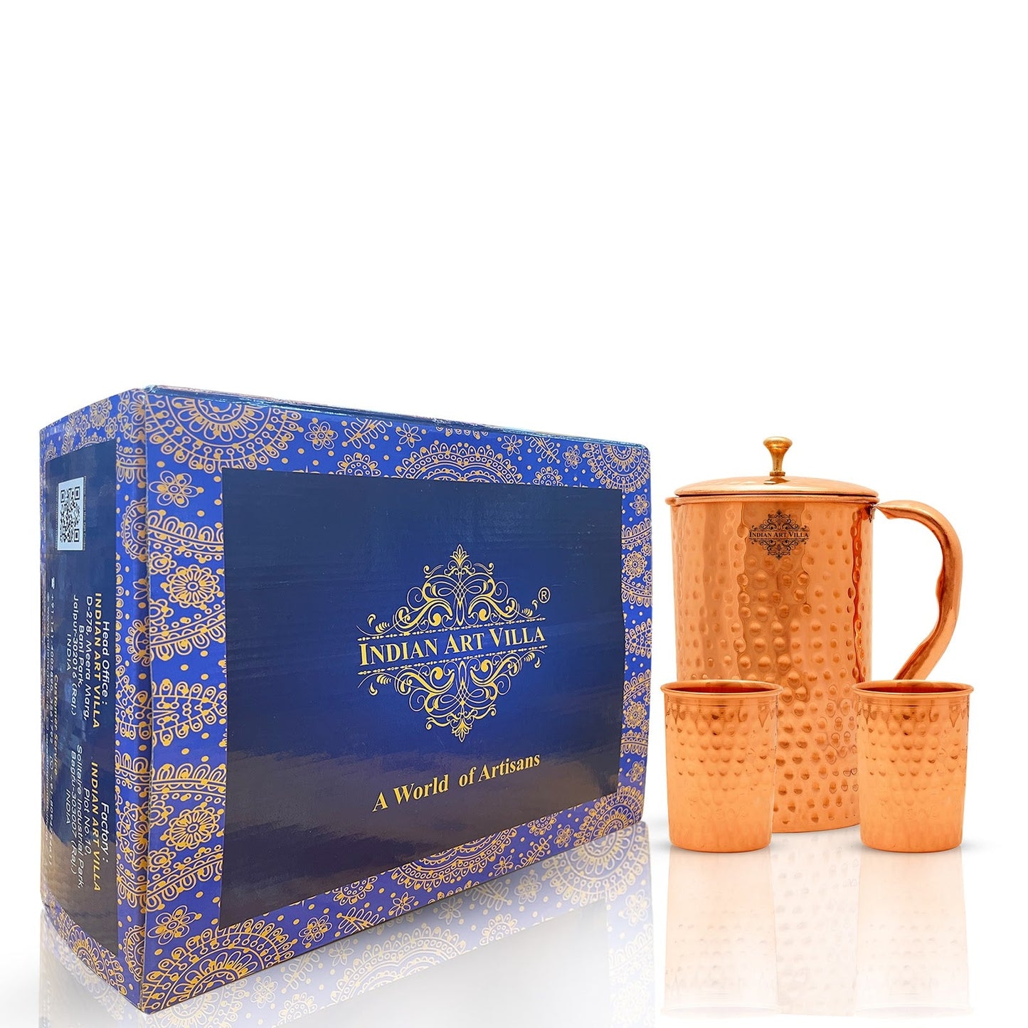 Handmade Pure Copper Hammered Design Jug & Glass with Box, Drinkware Gift Set