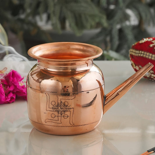 Handmade Pure Copper Karva|Netipot| with Spout, Om Design, Spiritual Items