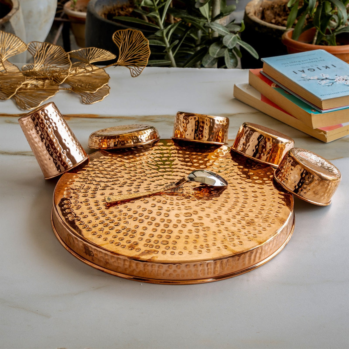 7-Piece Copper Dinner Set, Hammered Thali, 3 Katori, Plate, Glass & Spoon