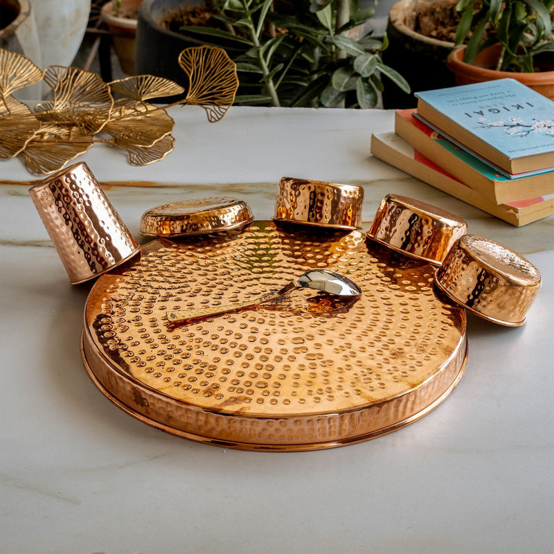 7-Piece Copper Dinner Set, Hammered Thali, 3 Katori, Plate, Glass & Spoon
