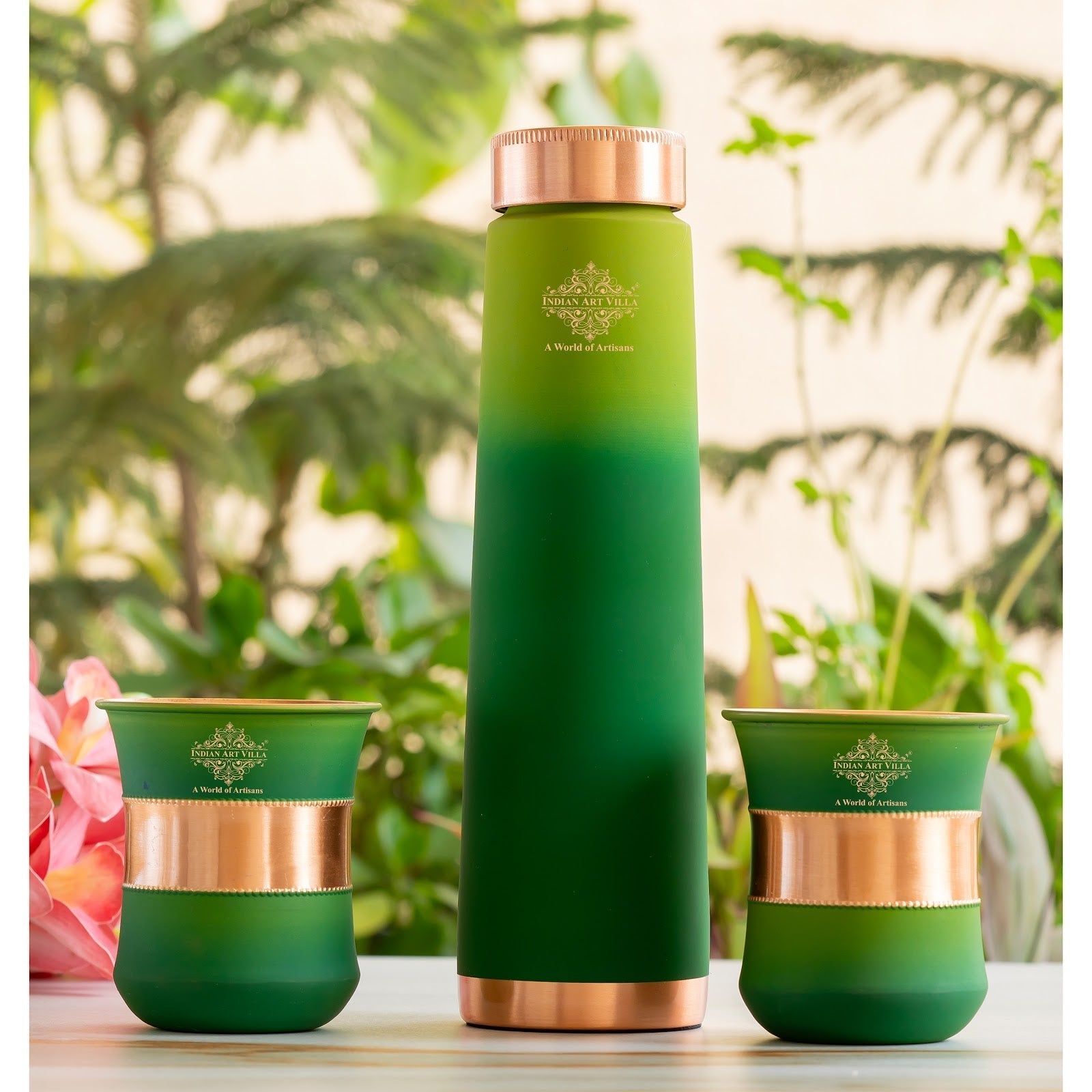 Pure Copper Bottle Pyramid  Shape With 1 Bottle &  2 Glass Set