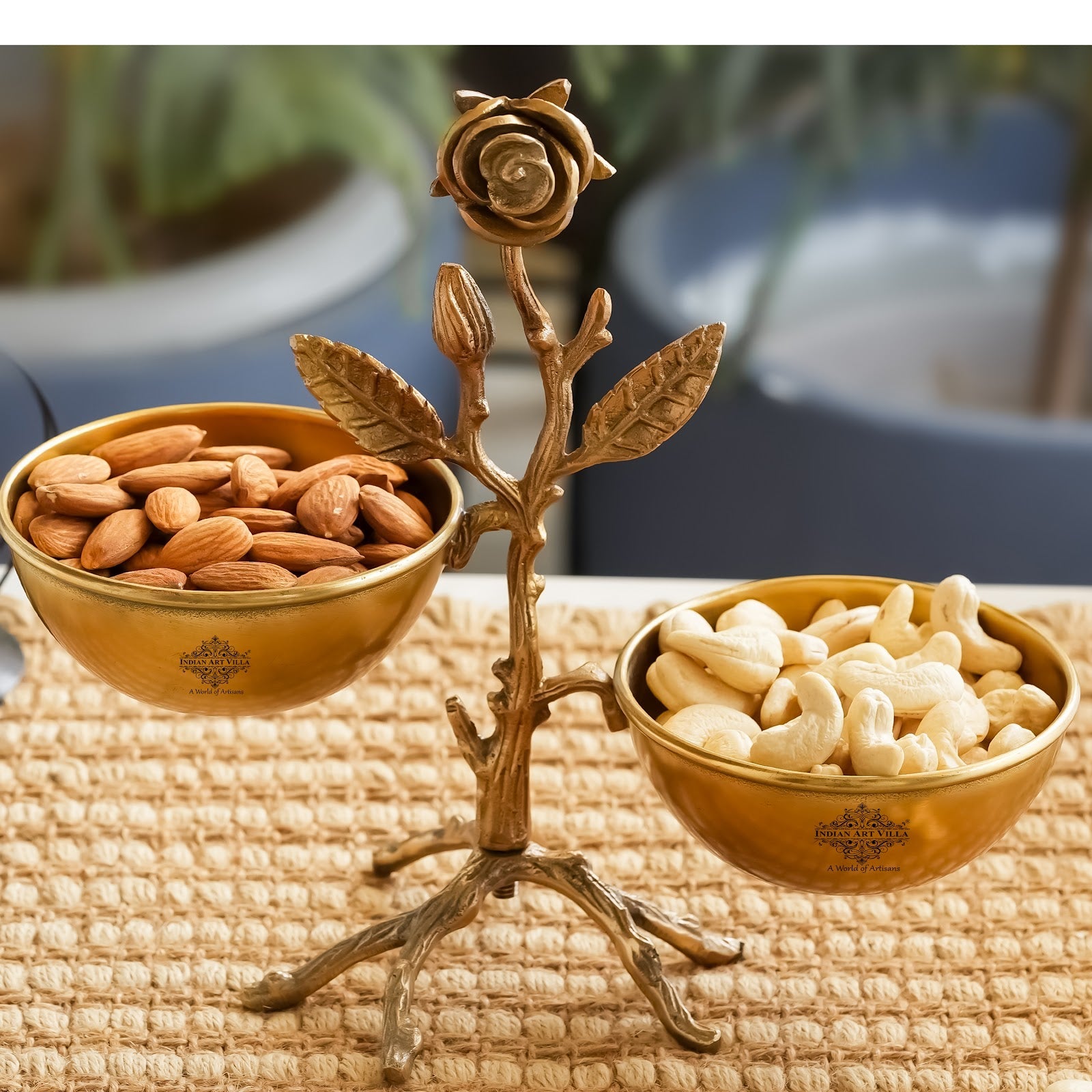 Pure Brass Handmade Decorative Dry Fruit Bowl with Tree Design