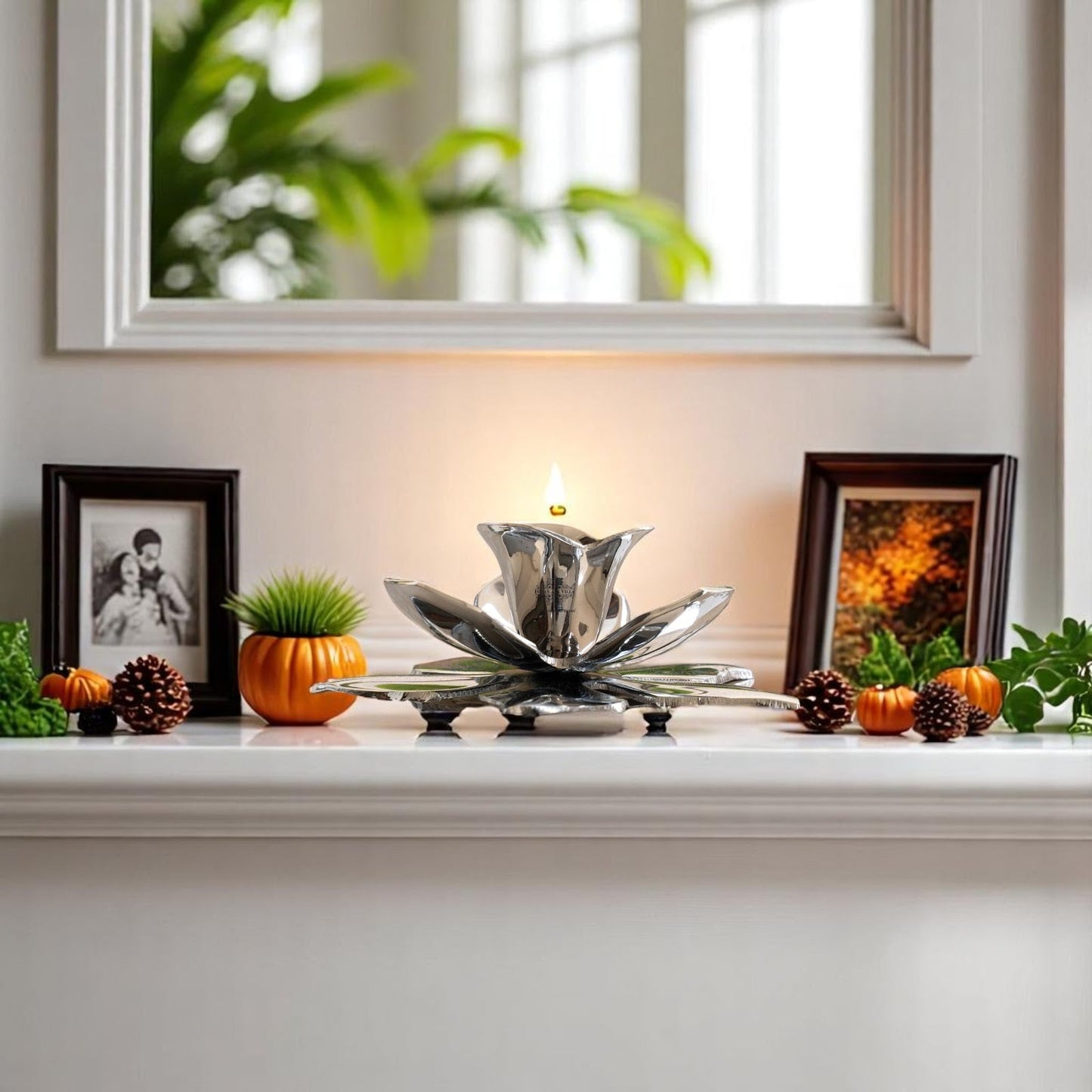 Silver-Plated Lotus Design Candle Stand – Elegant Handcrafted Decor for Festive, Spiritual & Home Ambience – Ideal for Tealight Holding and Table Centerpiece
