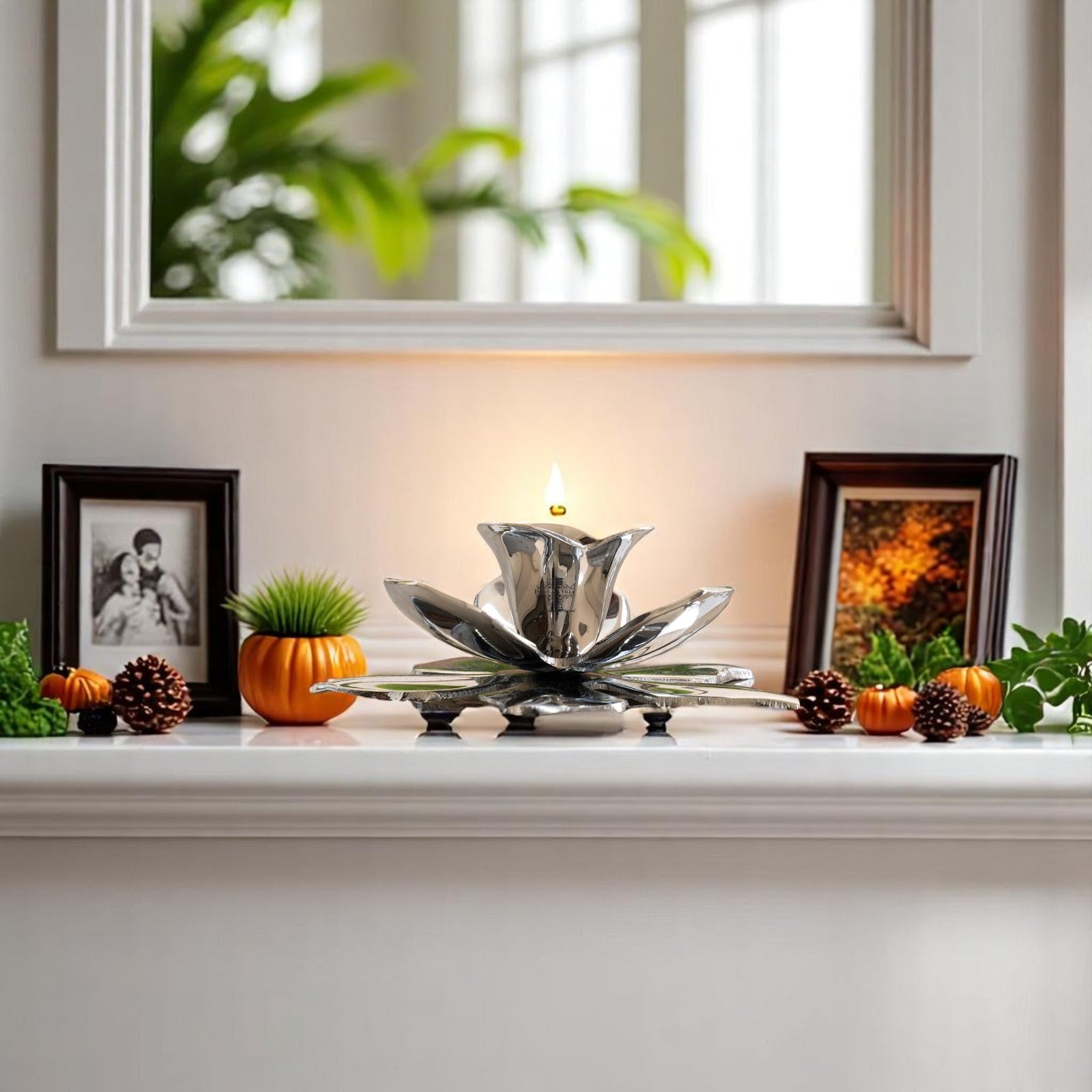Silver-Plated Lotus Design Candle Stand – Elegant Handcrafted Decor for Festive, Spiritual & Home Ambience – Ideal for Tealight Holding and Table Centerpiece