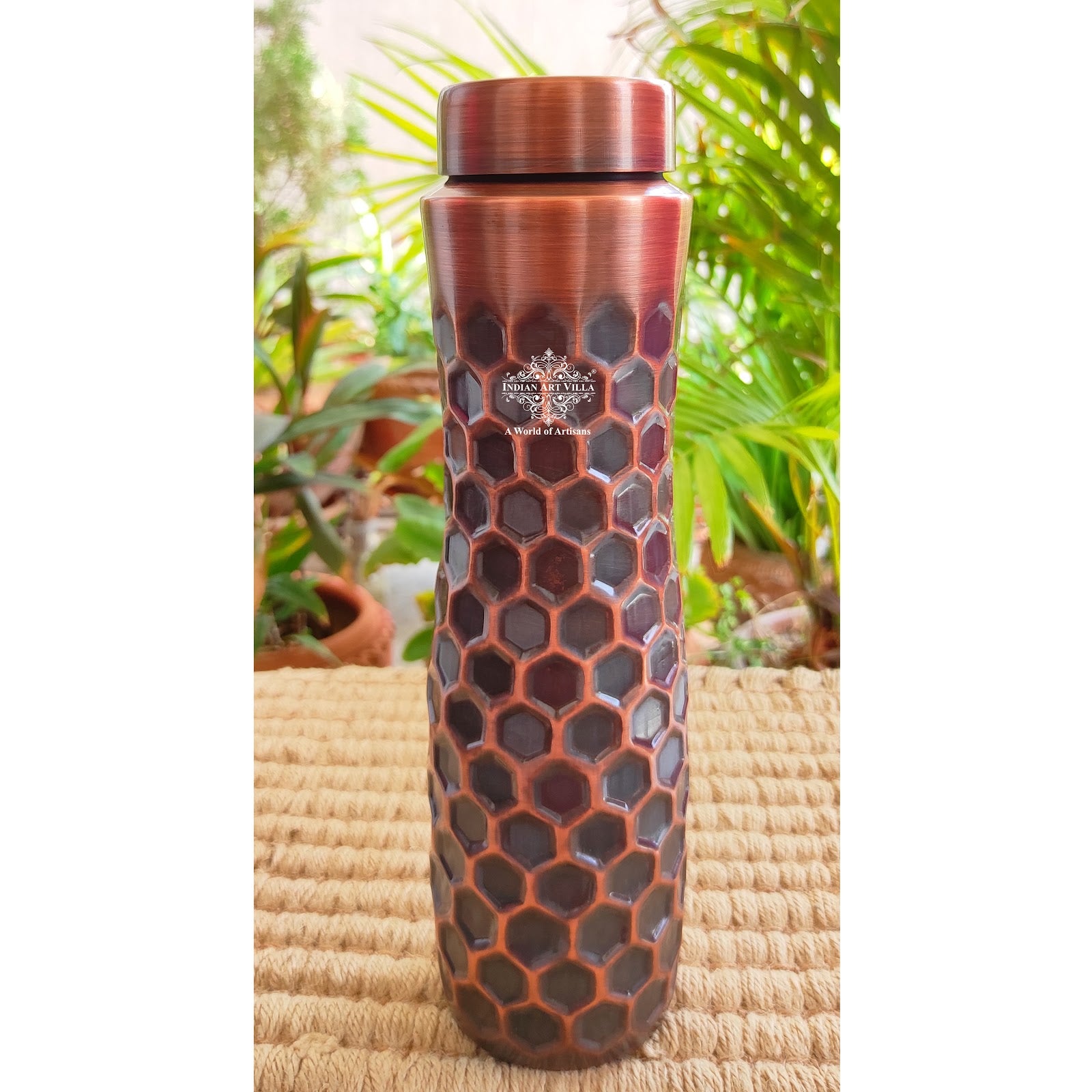 Copper Water Bottle with Antique Dark Embossed Finish & Honeycomb Design