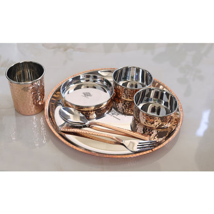 Steel Copper Hammered Design 7 Pieces Dinner Set/Thali Set of 1 Thali, 1 Glass, 1 Spoon, 1 Fork, 1 Small Plate & 2 Bowls, Dinnerware, Tableware Or Crockery
