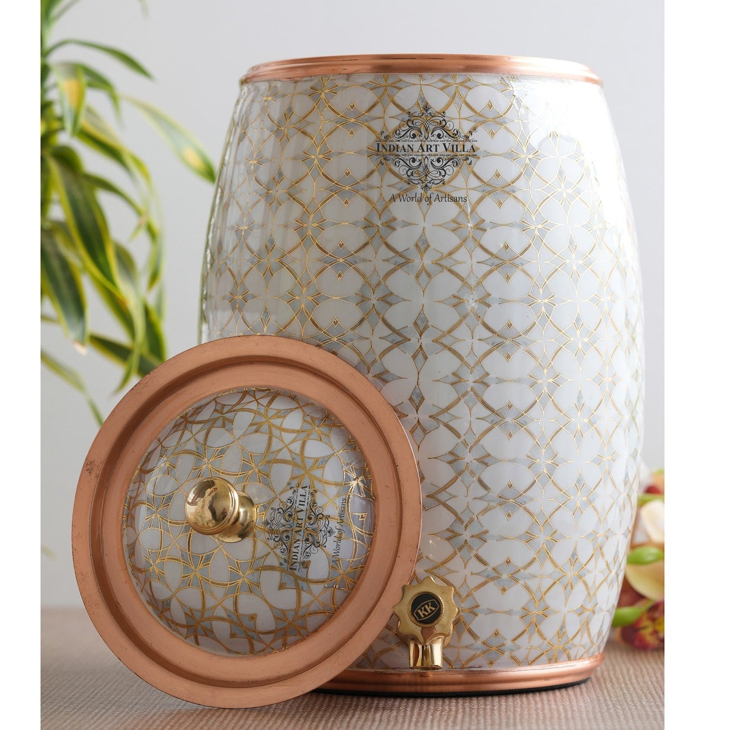 Handcrafted Pure Copper Water Pot with Gold Print Design, Ayurveda Water Vessel, 10 Ltr.