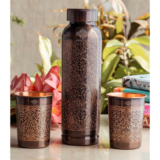 Antique Embossed Copper Bottle Gift Set – Includes 1 Designer Copper Bottle & 2 Matching Glasses | Ideal for Daily Use, Ayurvedic Health Benefits, Office Desk, Home Décor & Festive Gifting-1450 ML