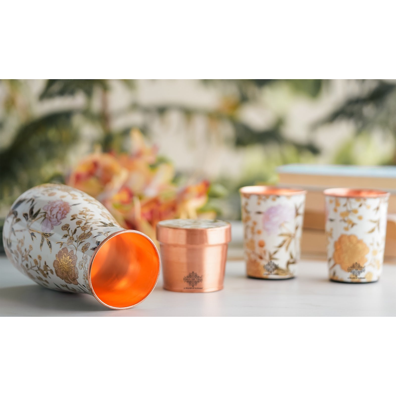 Copper Gold Printed Bedroom Bottle with 2 Glass Set – 900 ML Bottle & 300 ML Glass