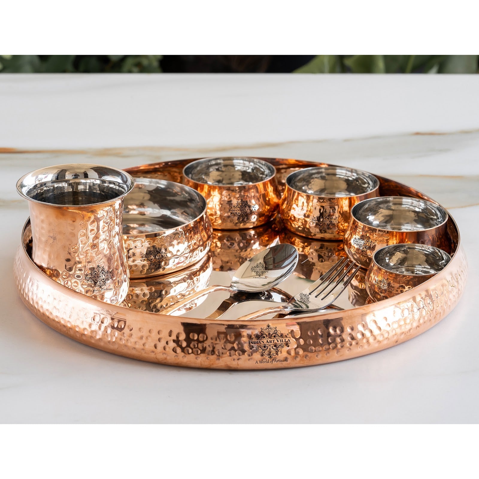 Steel Copper 9-Piece Curve Thali Set, Hammered Shine Finish- – Elegant Tableware for Traditional Dining, Perfect for Home, Restaurant, Special Occasions
