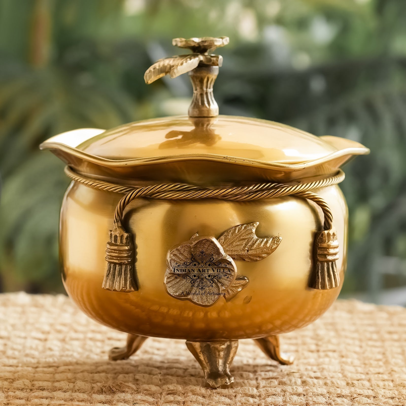 Brass Decorative Handi with Lid Neck Ribbon Bow Design  3 Legs