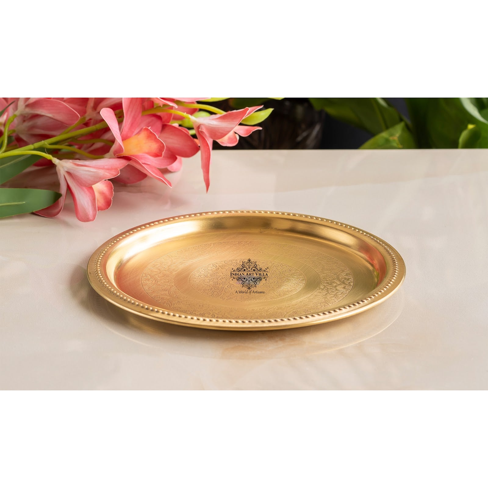 Brass Thali Plate  Antique Matte Finish with Double Ring Floral Design, Perfect for Puja, Festive Gifting, and Home Decor