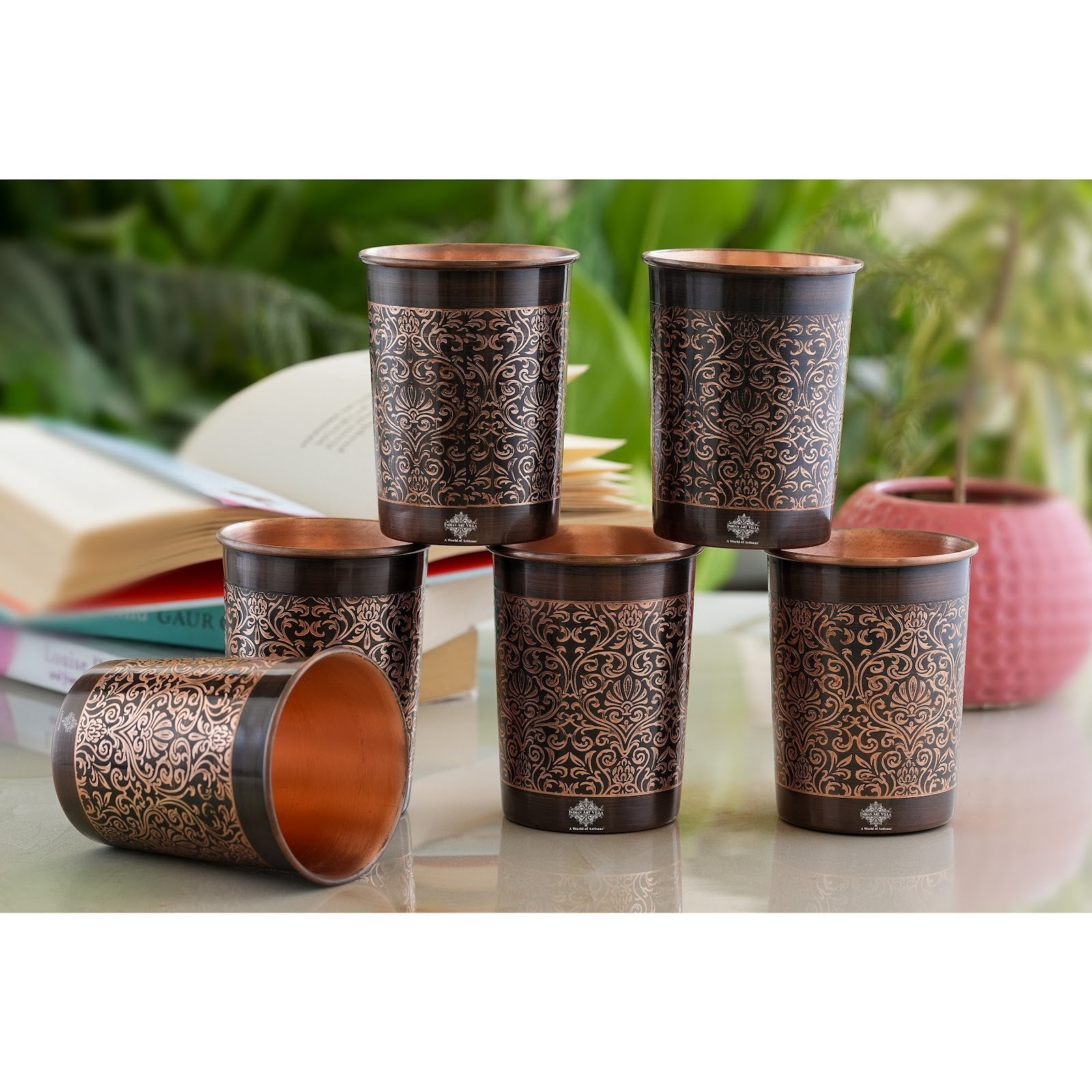 Pure Copper Glass With Handcrafted Embossed Design 275 ML