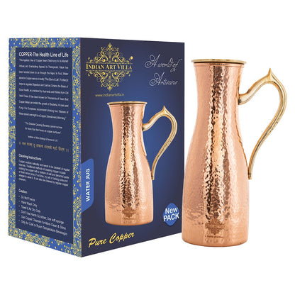 Copper Jug with Hammered Curve Design, Brass Handle & Lid – 1400 ML