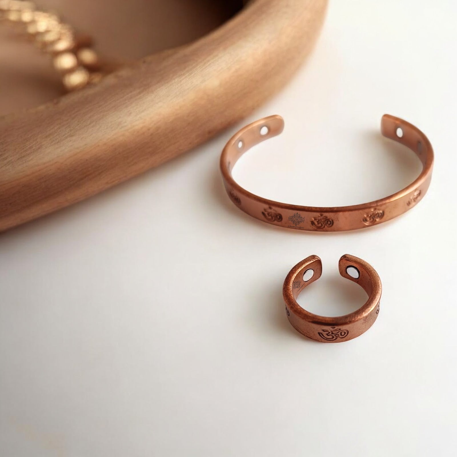 Pure Copper Om Design Bangle with Magnet & Matching Ring