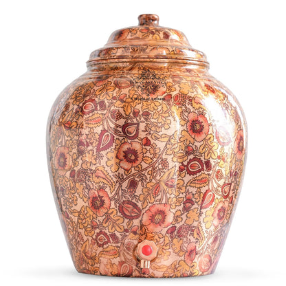 IndianAtVilla Printed Flower Design Copper Water Dispenser Pot Matka, Storage, Home Kitchen Garden