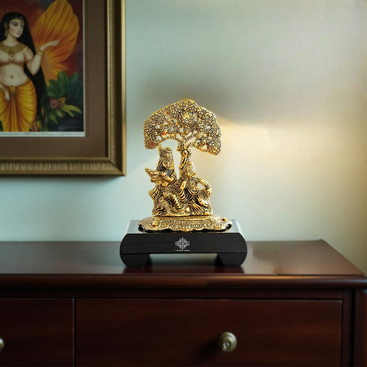 Brass Finish Radha Krishna Murti with Wooden Base