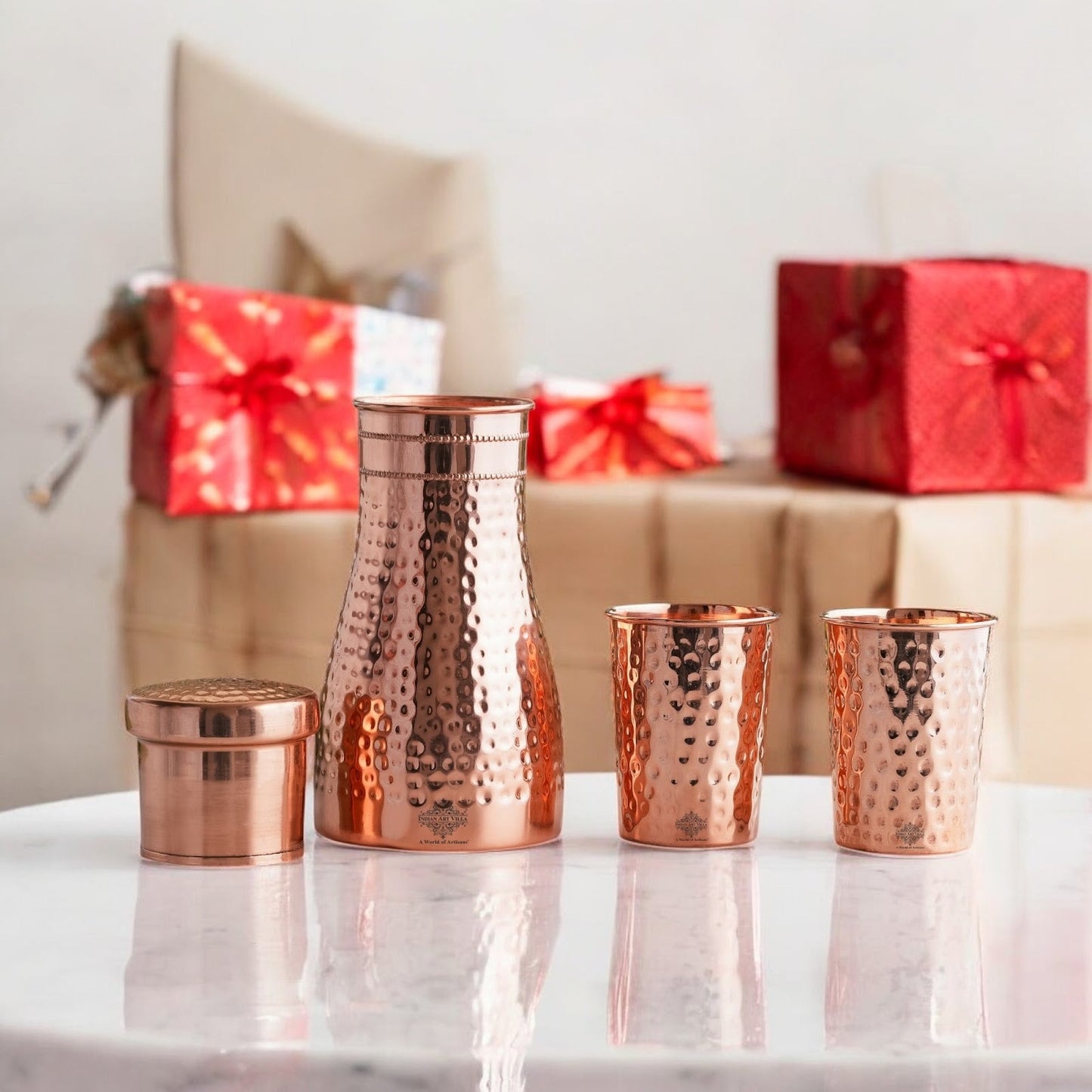 Pure Copper Drinkware Gift Set – Hammered Design, Water Bottle (900 ML) & 2 Glasses (275 ML) Set
