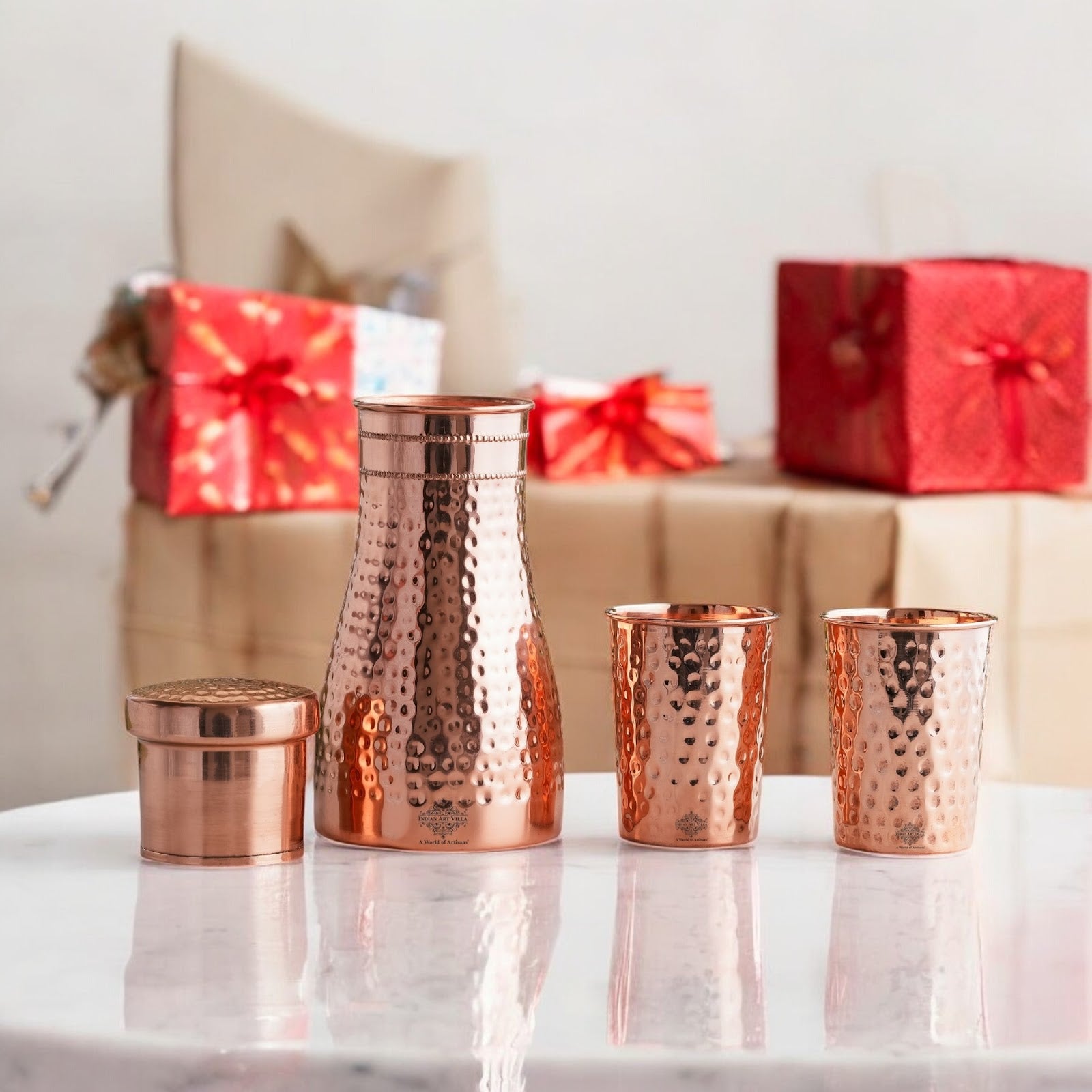 Pure Copper Drinkware Gift Set – Hammered Design, Water Bottle (900 ML) & 2 Glasses (275 ML) Set