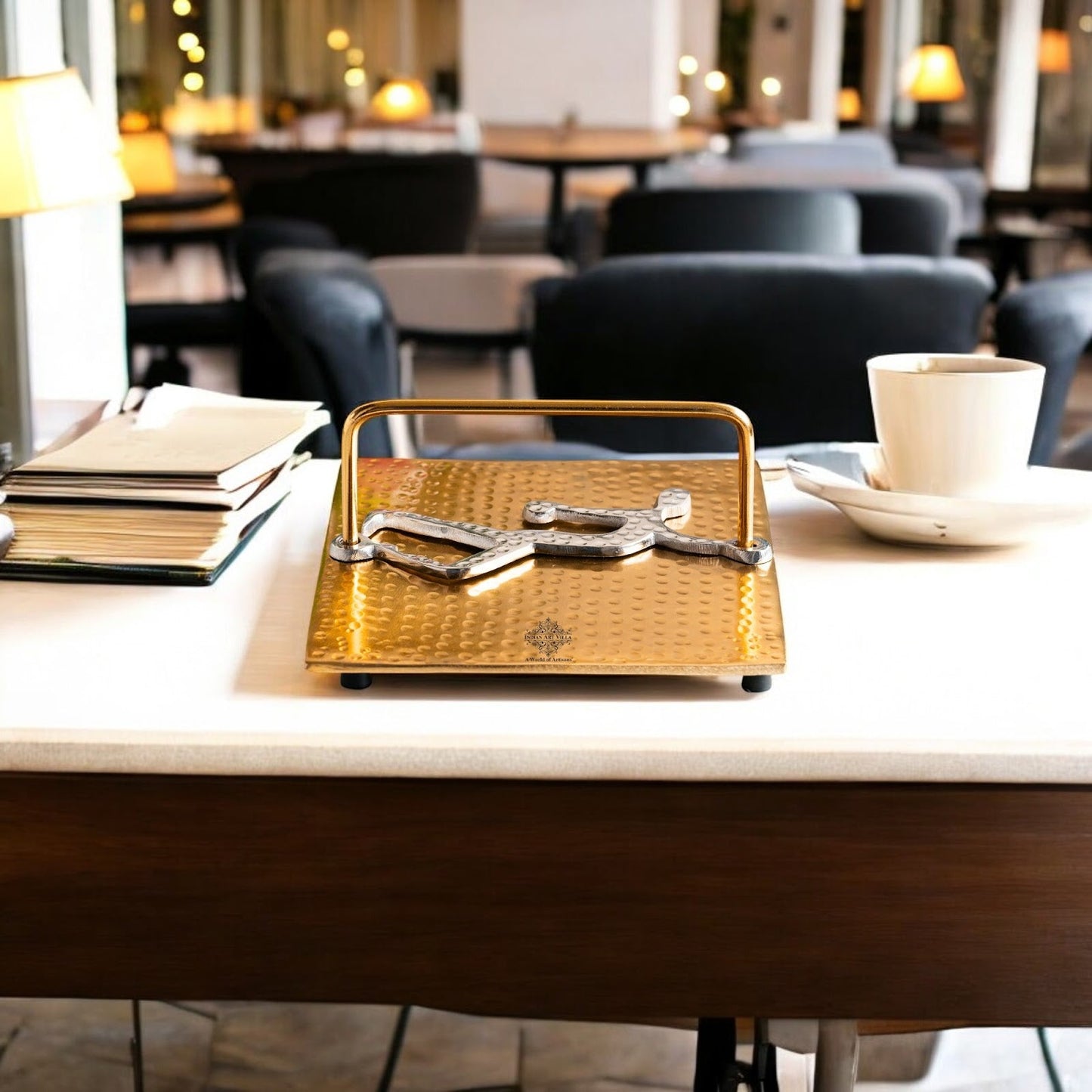 Gold Finish Hammered Design Napkin Holder with Lady Design – Elegant Table Organizer for Dining