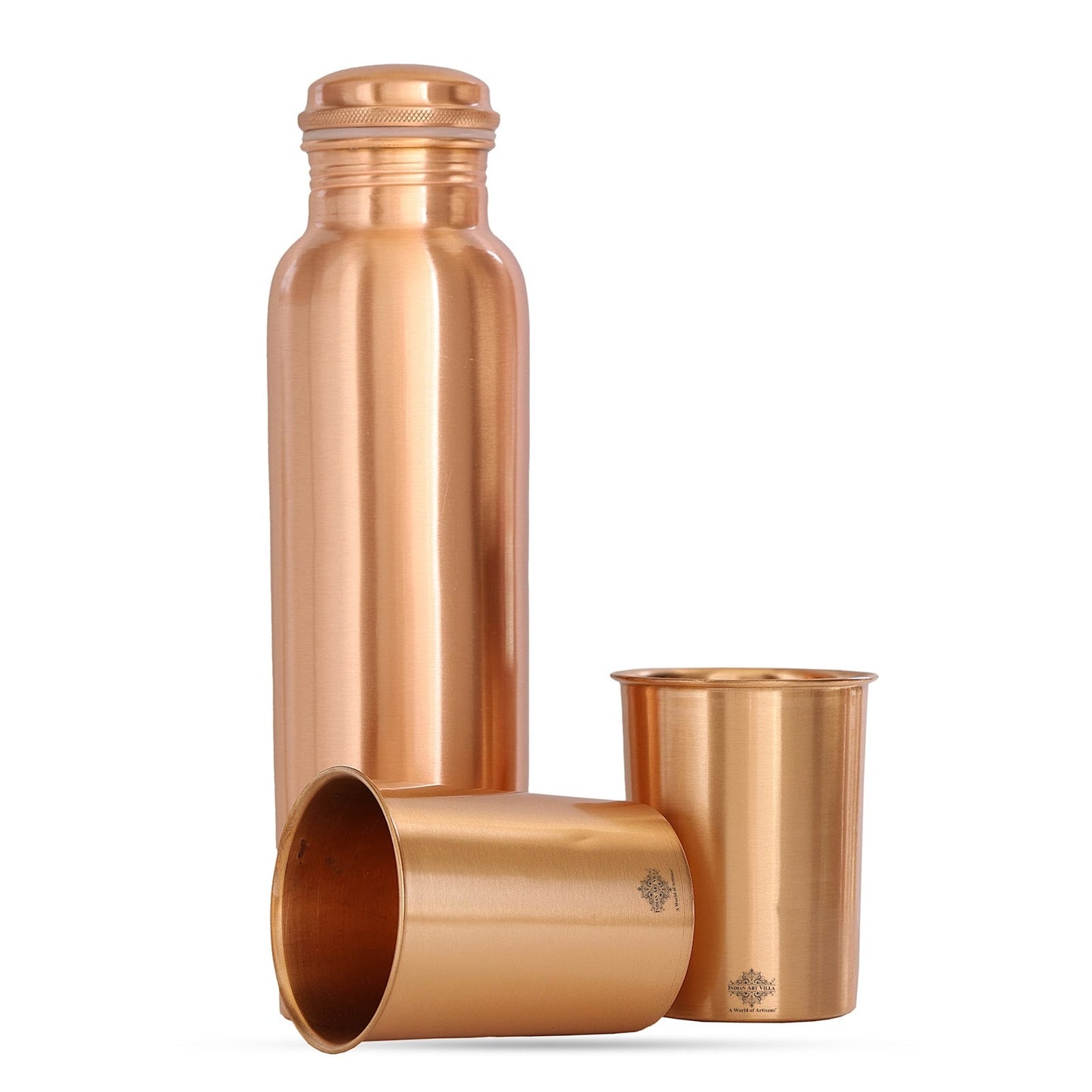 Pure Copper Matt Finish Lacquer Coated Water Bottle & 2 Glass