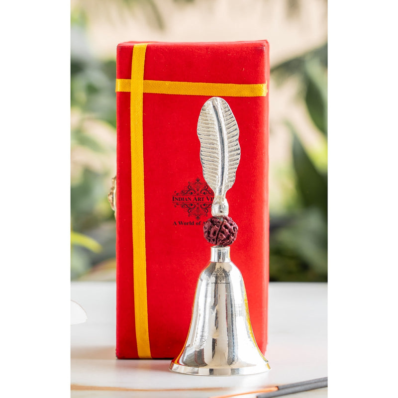 Silver Plated Pooja Bell with Leaf Design & Rudraksha - 17.53 CM