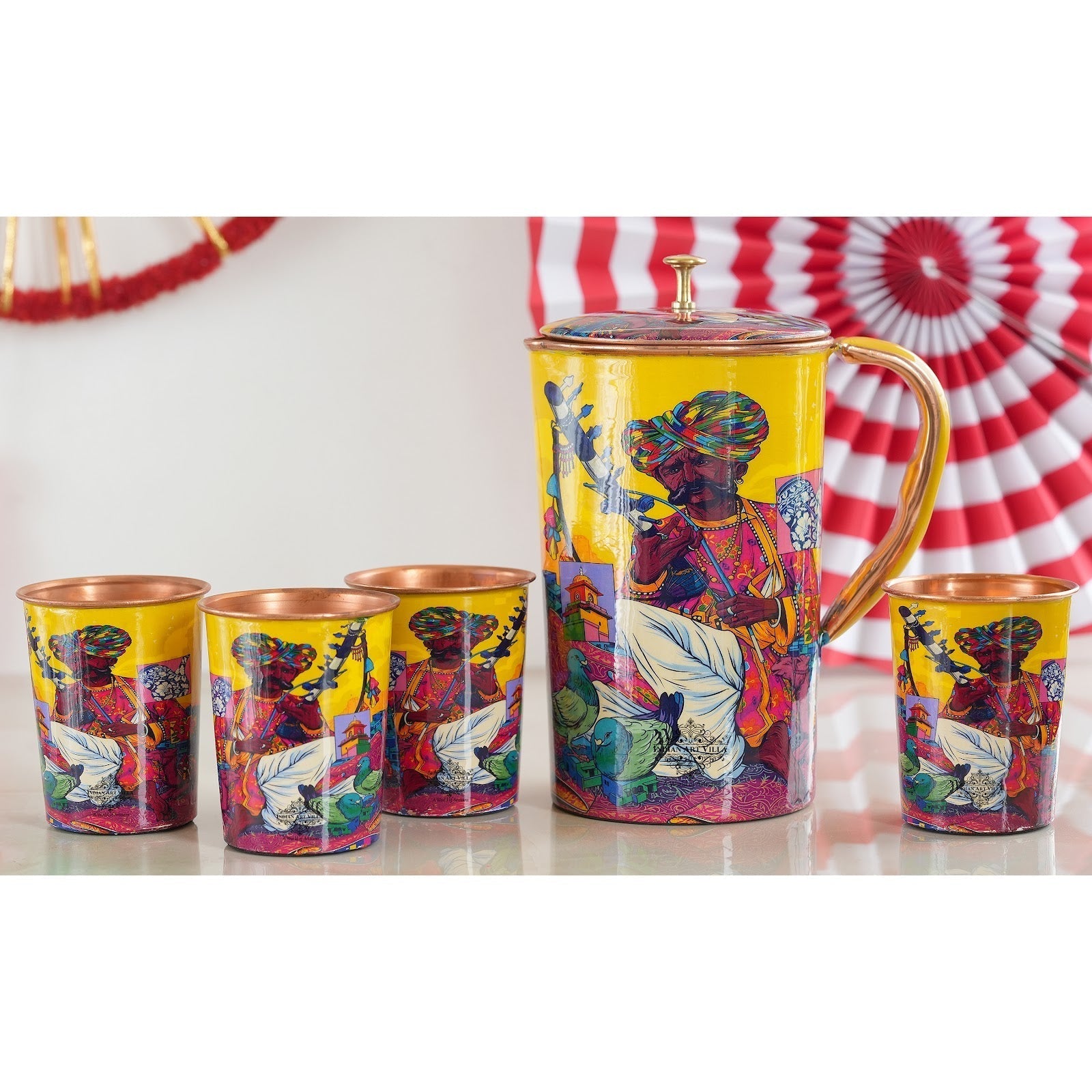 Pure Copper Printed Padharo Mhare Desh Jug & Glass Gift Set