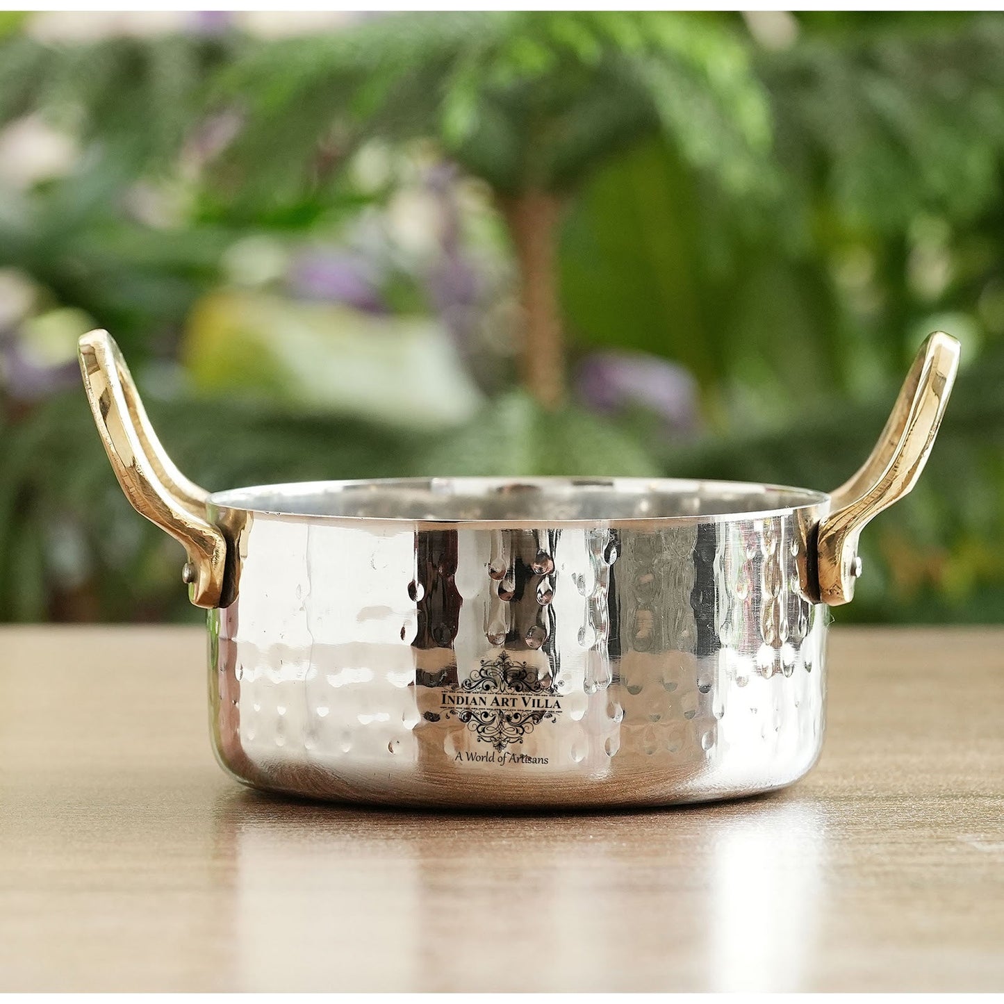 Stainless Steel Serving Bowl with Brass Handles, Hammered Design, Ideal Small Serving Bowl for Curry, Dal and Sides – Elegant Tableware for Home & Restaurant Use
