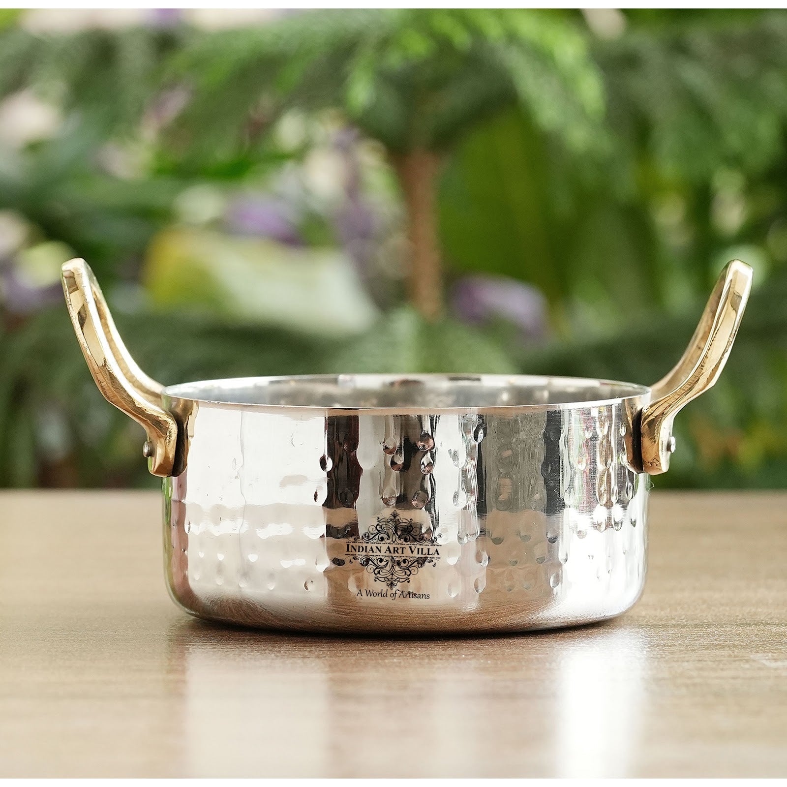 Stainless Steel Serving Bowl with Brass Handles, Hammered Design, Ideal Small Serving Bowl for Curry, Dal and Sides – Elegant Tableware for Home & Restaurant Use