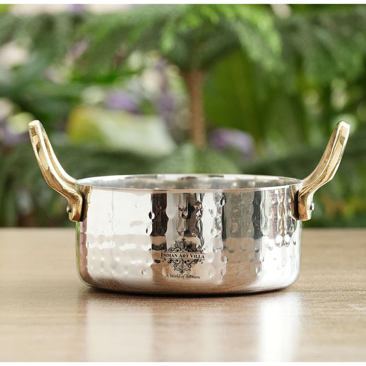Stainless Steel Serving Bowl with Brass Handles, Hammered Design, Ideal Small Serving Bowl for Curry, Dal and Sides – Elegant Tableware for Home & Restaurant Use