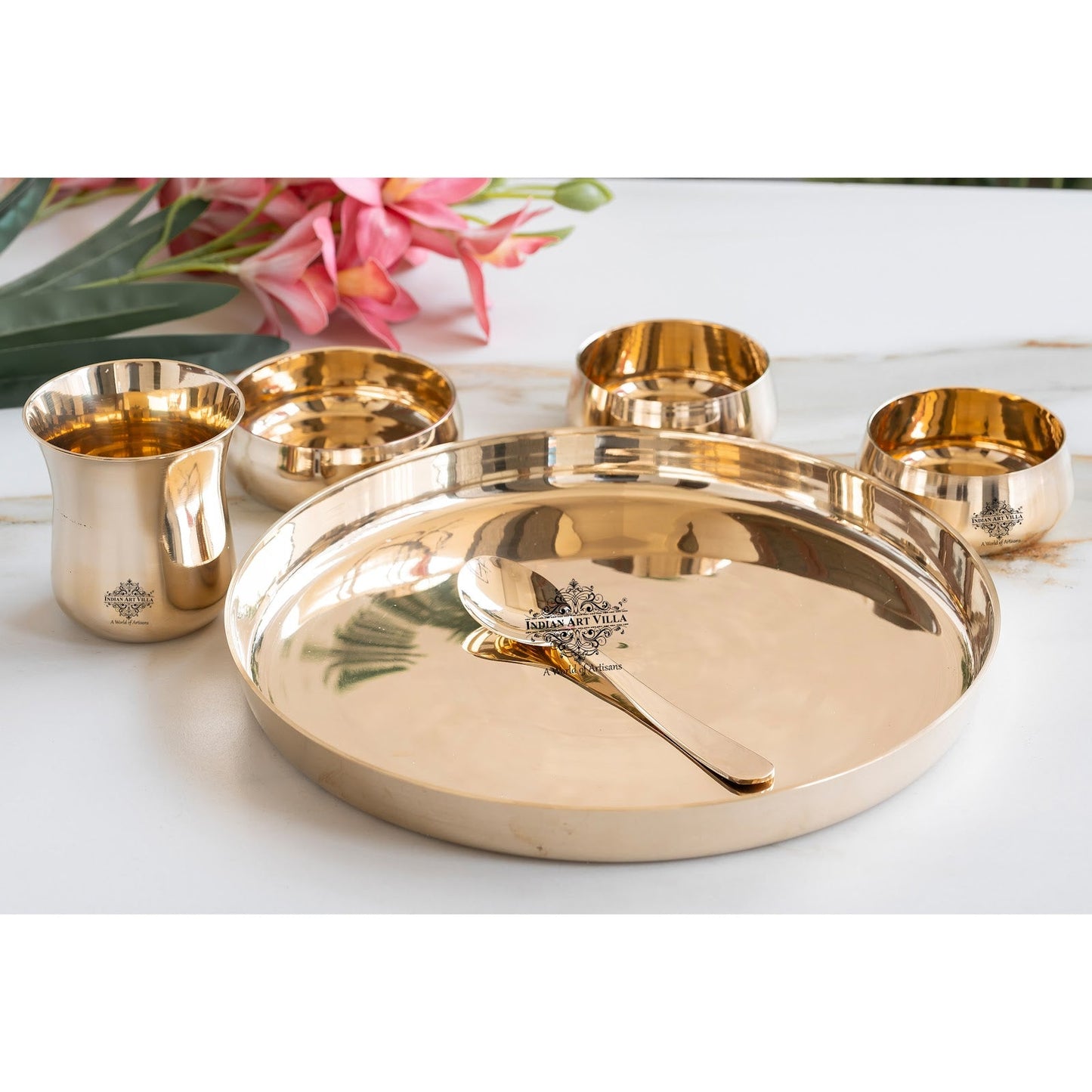 Bronze 6-Piece Dinner Set – Shine Finish Design Thali set, Traditional Indian Dinnerware for Home & Special Occasions