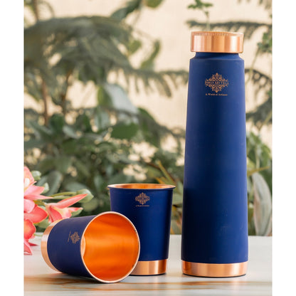 Pure Copper Bottle And Glass Set With Silk Finish Pyramid Design