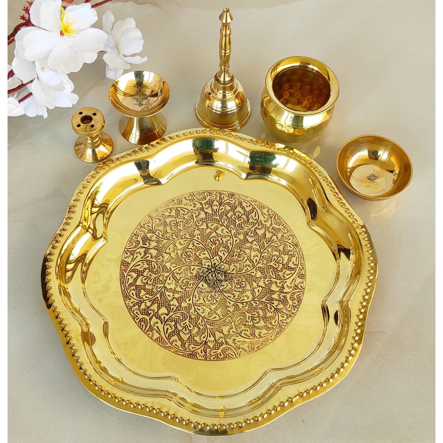 Brass Floral Embossed Design 6 Pieces Pooja Thali Set, Religious Spiritual Item, Home Temple, Width-20.83 cm