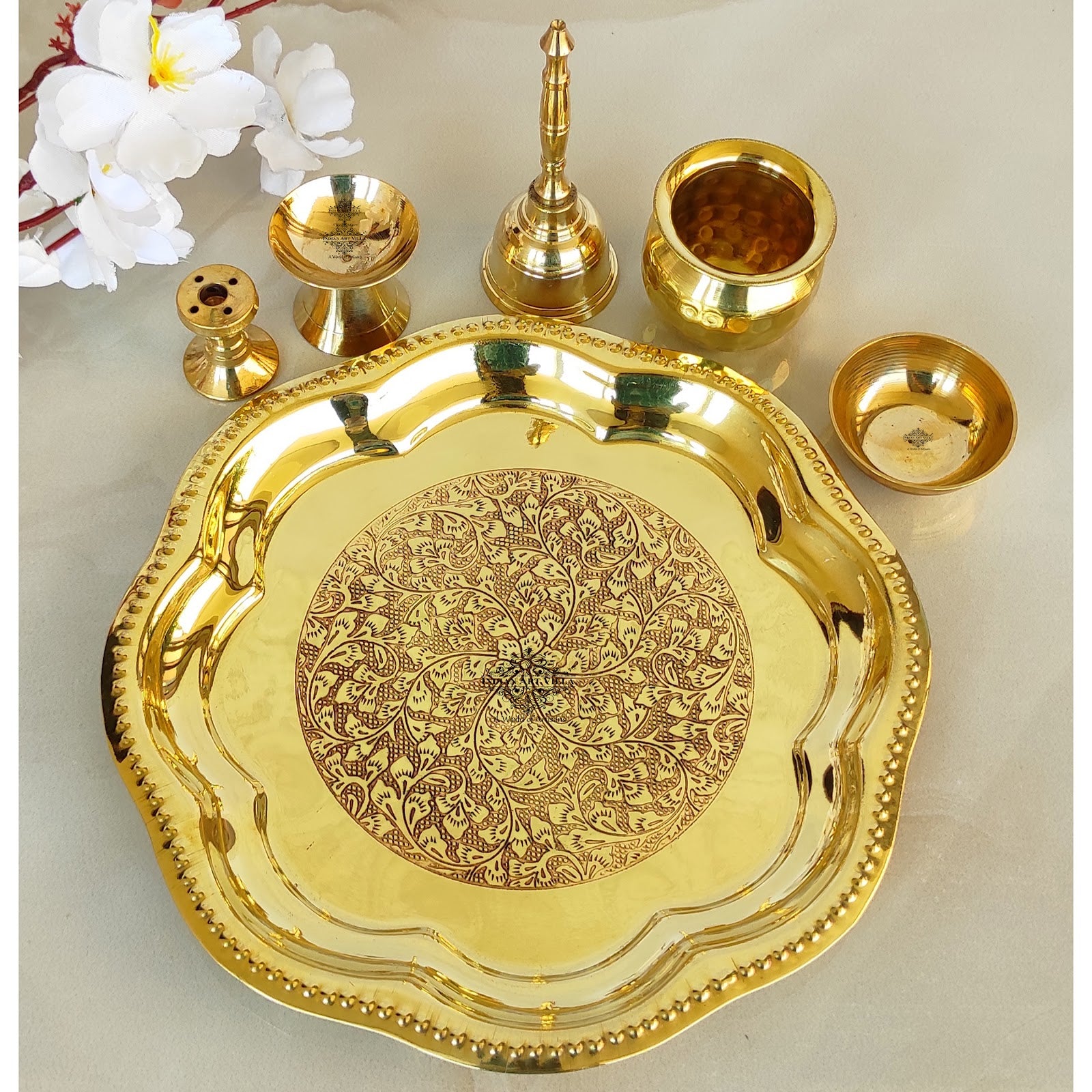 Brass Floral Embossed Design 6 Pieces Pooja Thali Set, Religious Spiritual Item, Home Temple, Width-20.83 cm