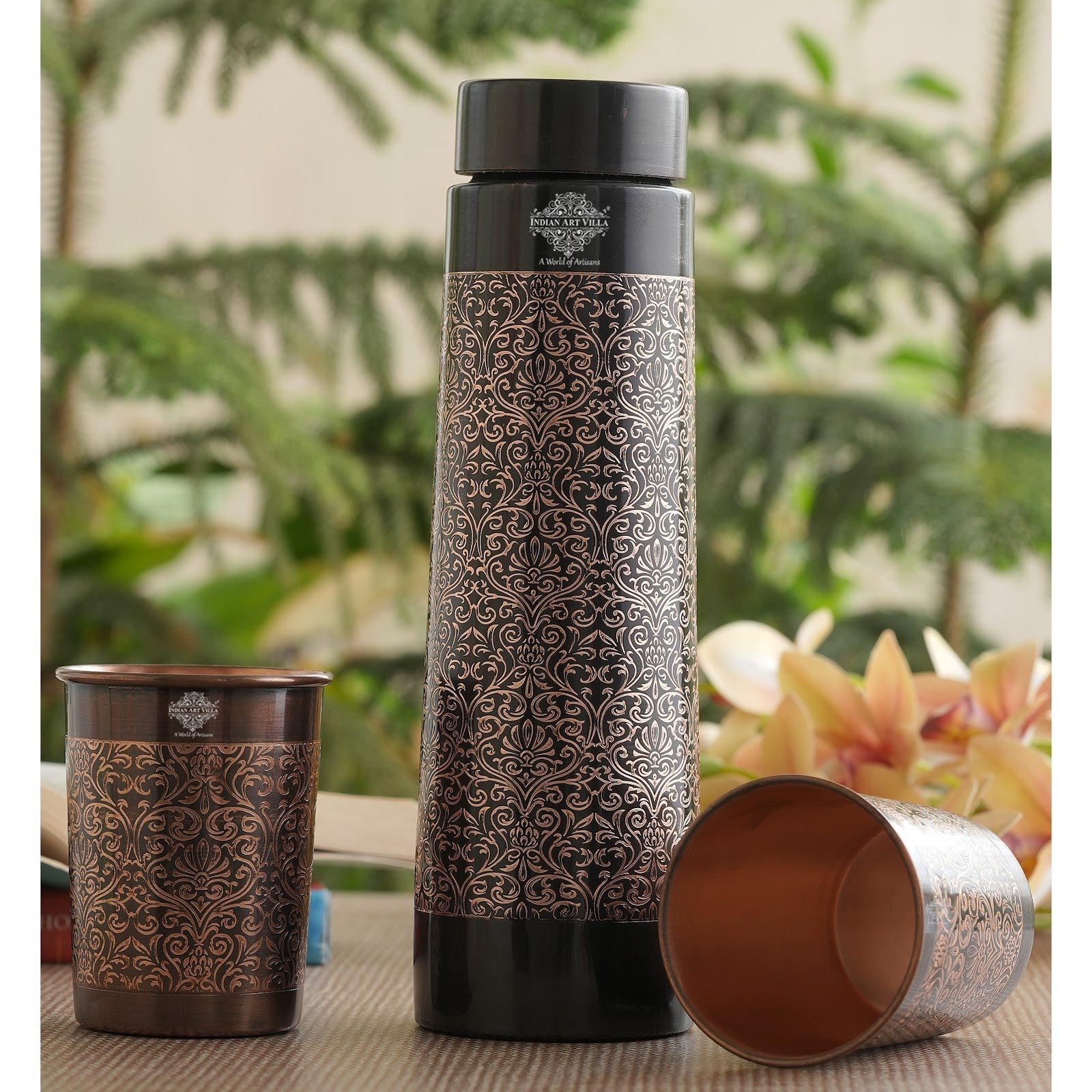 Antique Finished Embossed Design Drinkware Gift Set of Copper Pyramid Shape Bottle & Copper Glass
