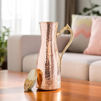 Copper Jug with Hammered Curve Design, Brass Handle & Lid – 1400 ML