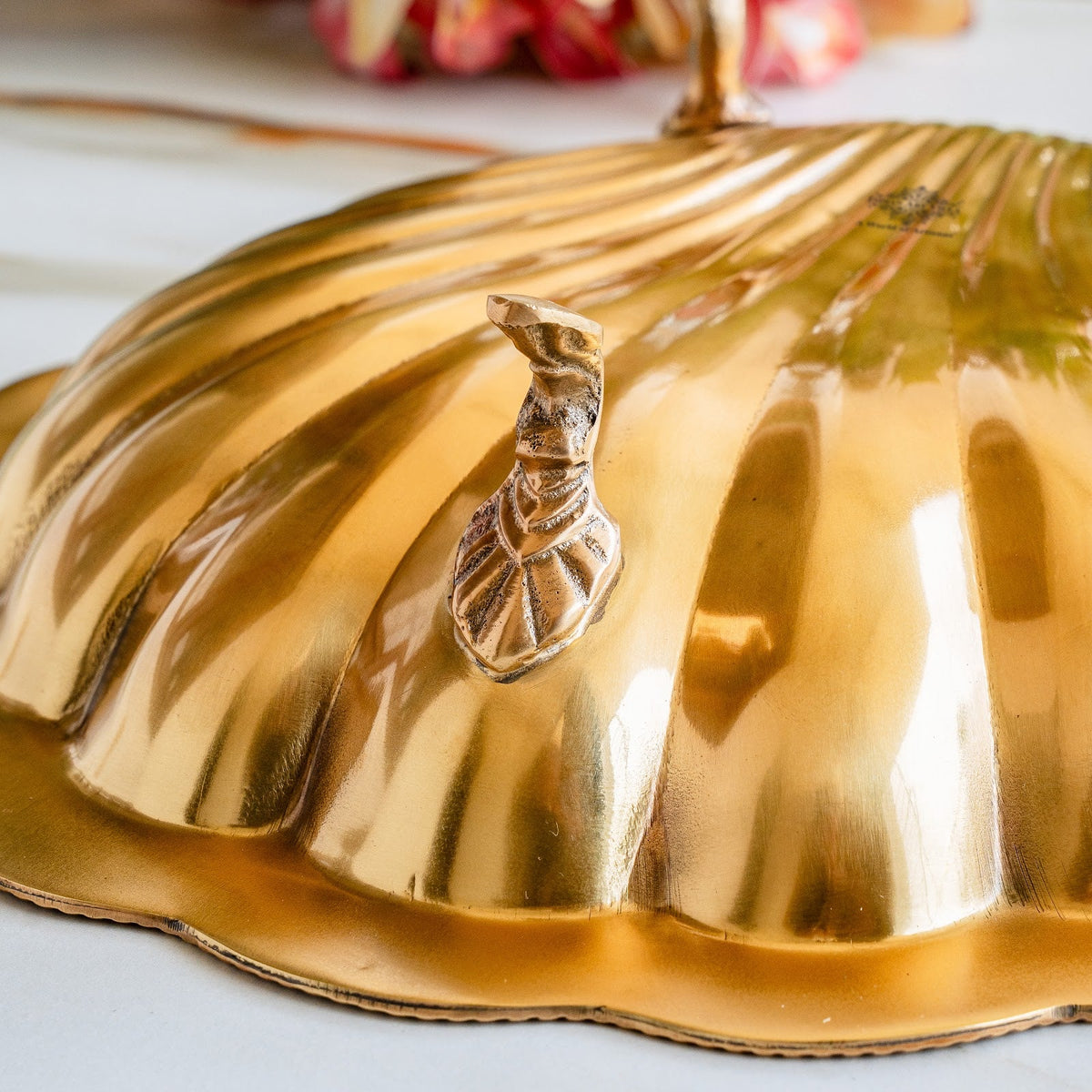 Pure Brass Decorative Platter with Scalloped Edge & Ornate Design - 33.78 cm