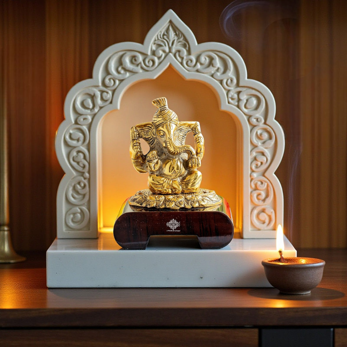 Brass Finish Ganesh Ji Murti with Wooden Base