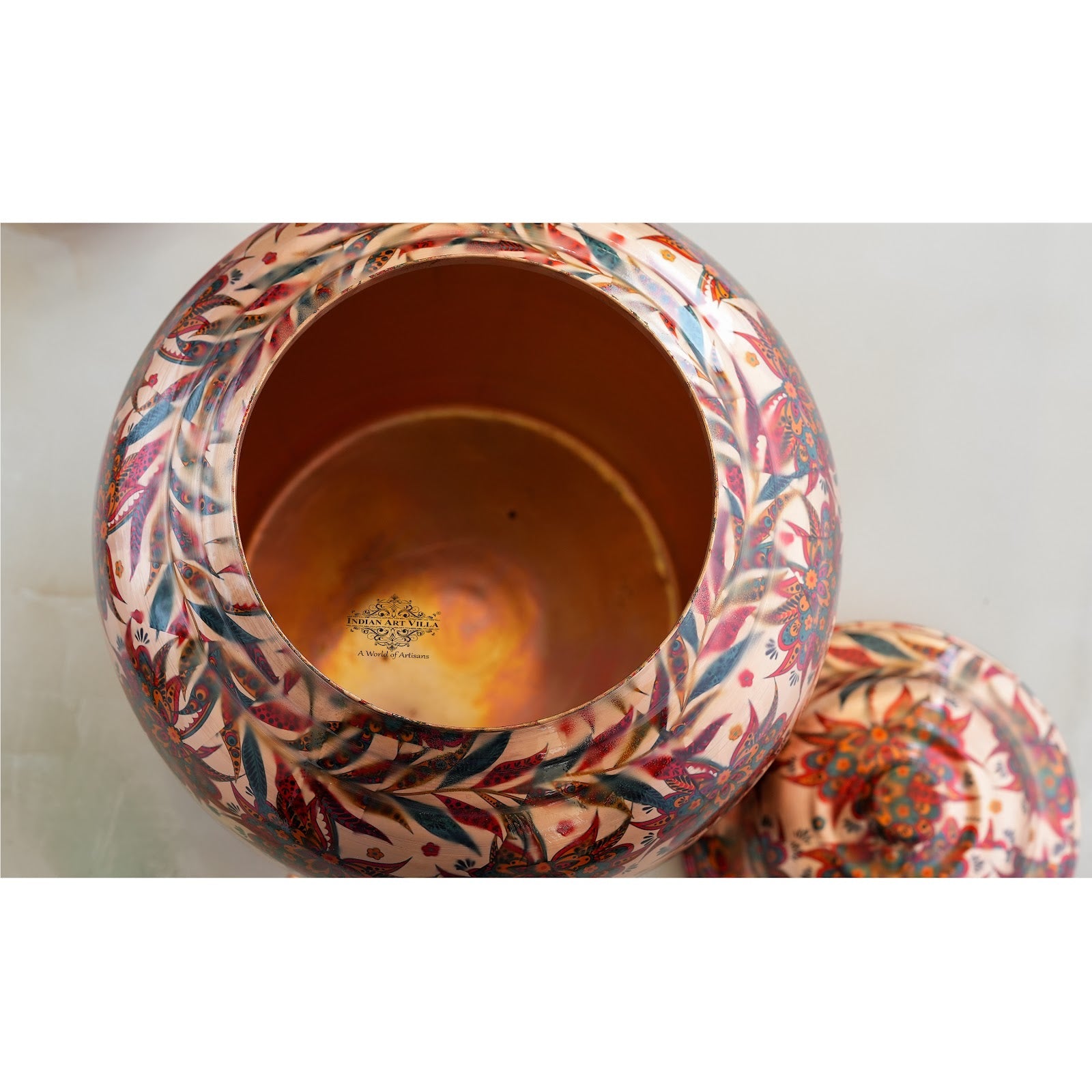 Copper Water Dispenser/Pot/Matka In Red and Blue Floral Print Design with Brass Tap,13 Ltr.