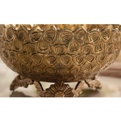 Brass Decorative Floral Embossed Fruit Bowl – 7.9 Inch, 1550 ML Golden Finish Brass Bowl with Pedestal, Handmade Serving & Display Bowl for Dry Fruits, Snacks, Fruits, Table Décor, and Gifting