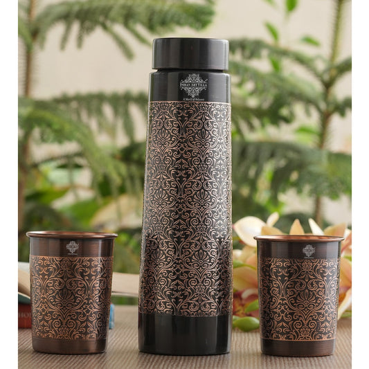 Antique Finished Embossed Design Drinkware Gift Set of Copper Pyramid Shape Bottle & Copper Glass