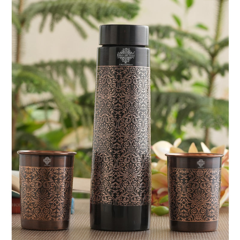 Antique Finished Embossed Design Drinkware Gift Set of Copper Pyramid Shape Bottle & Copper Glass
