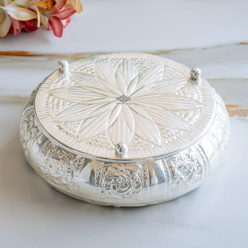 Silver Plated Embossed Scalloped Urli with Lotus Design For Home décor