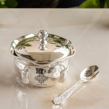 Silver-Plated Hammered Bowl with Lid & Spoon - Elegant Gift Box Set for Special Occasions
