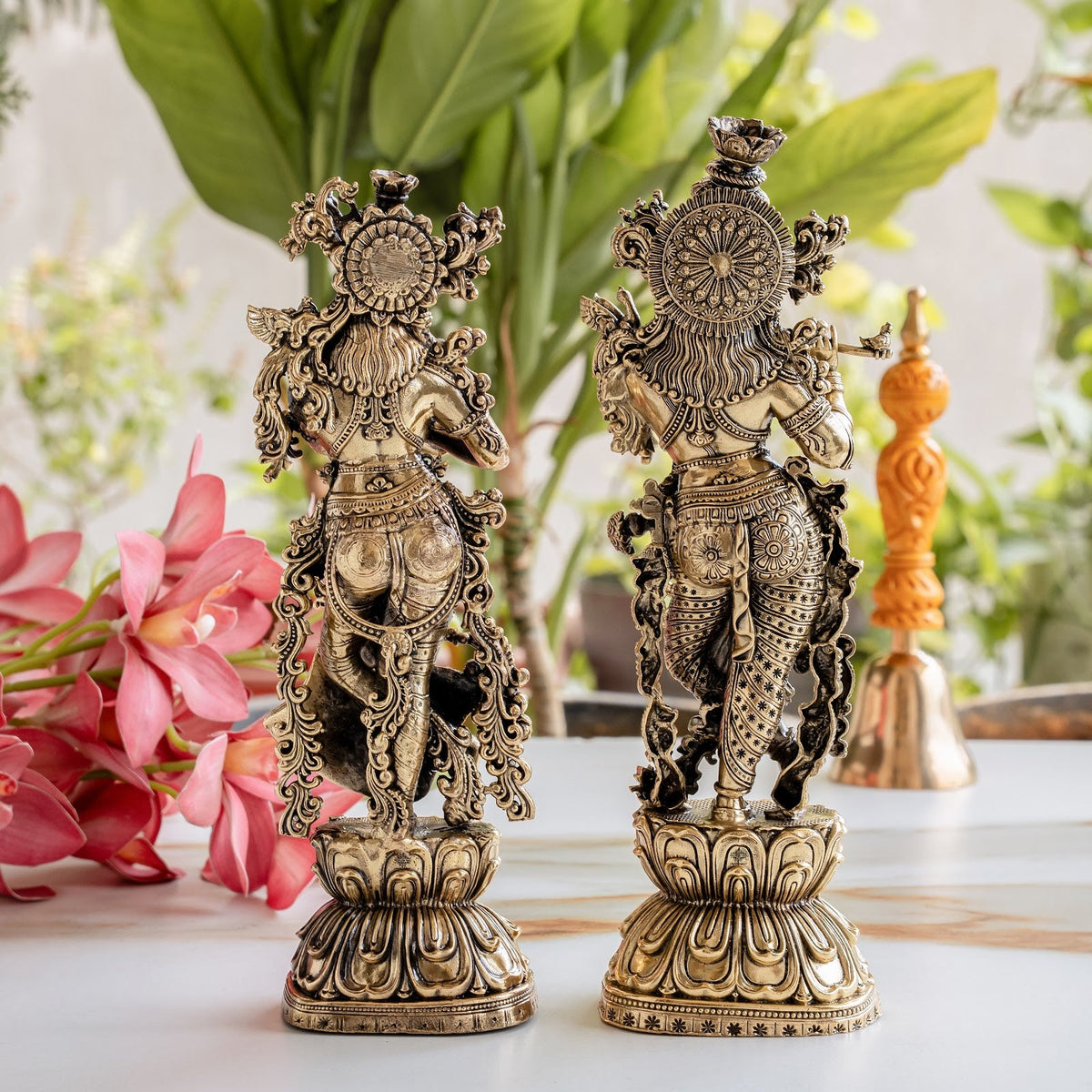 Pure Brass Antique Finish Radha Krishna Standing Murti For Home Temple - 24.13 cm