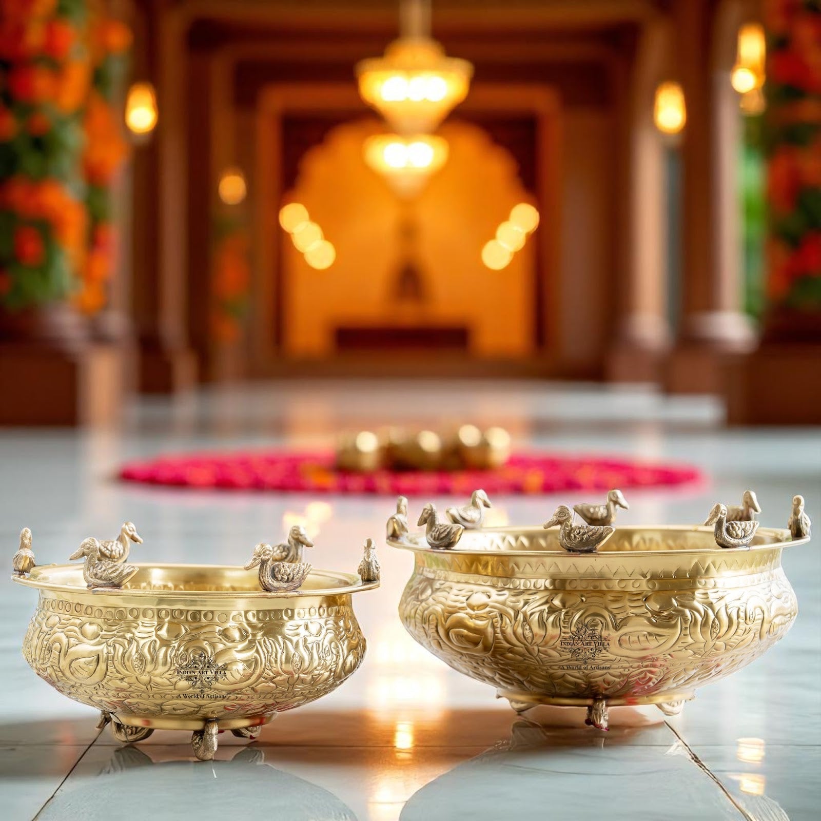 Brass Urli with Embossed Duck & Lotus Flower Design – Traditional Urli