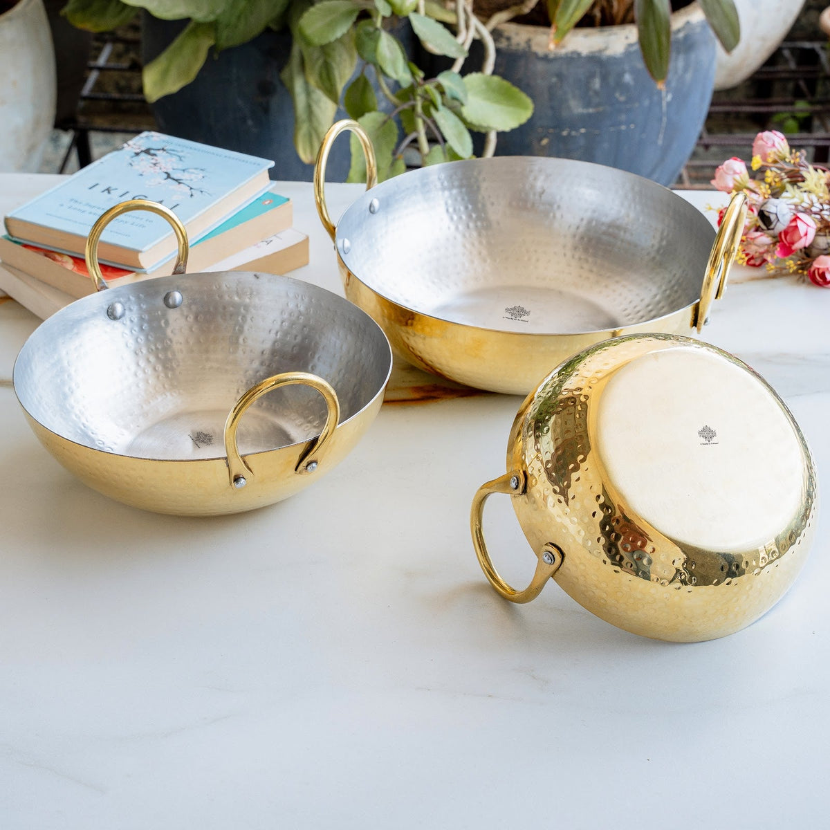 Brass Kadhai With Hammered Design, Tin Lining & Brass Handles