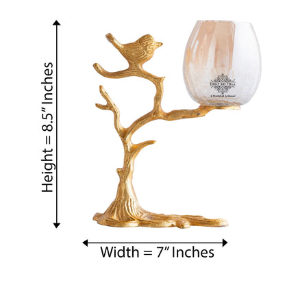 Gold Finish Decorative Candle Holder with Tree Bird Design – Elegant Home Decor Accent For Decoration And Gifting