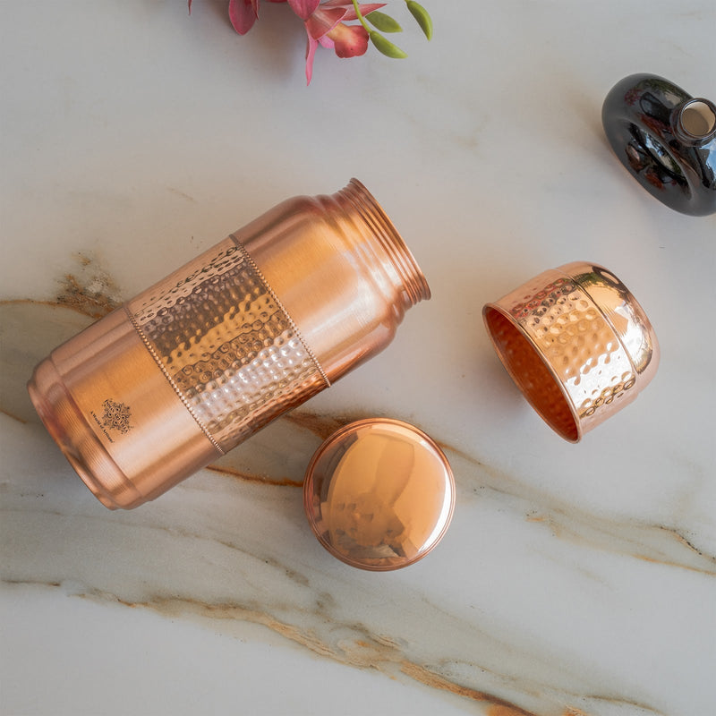 Pure Copper Hammered Water Bottle with Glass Lid – 2000 ML