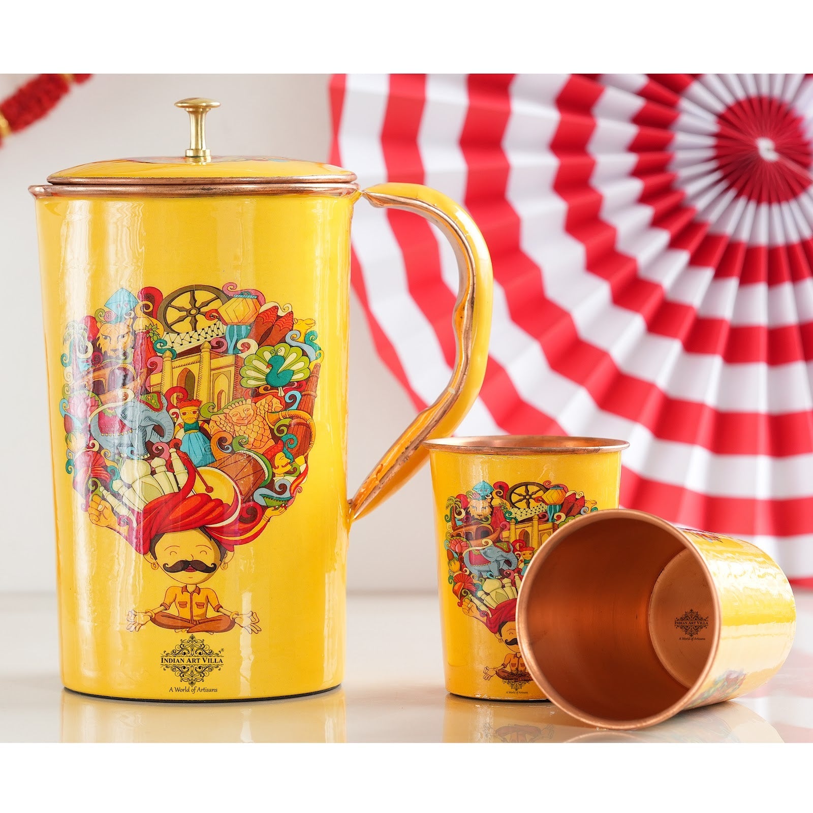 Pure Copper Printed Padharo Mhare Desh Jug & Glass Gift Set